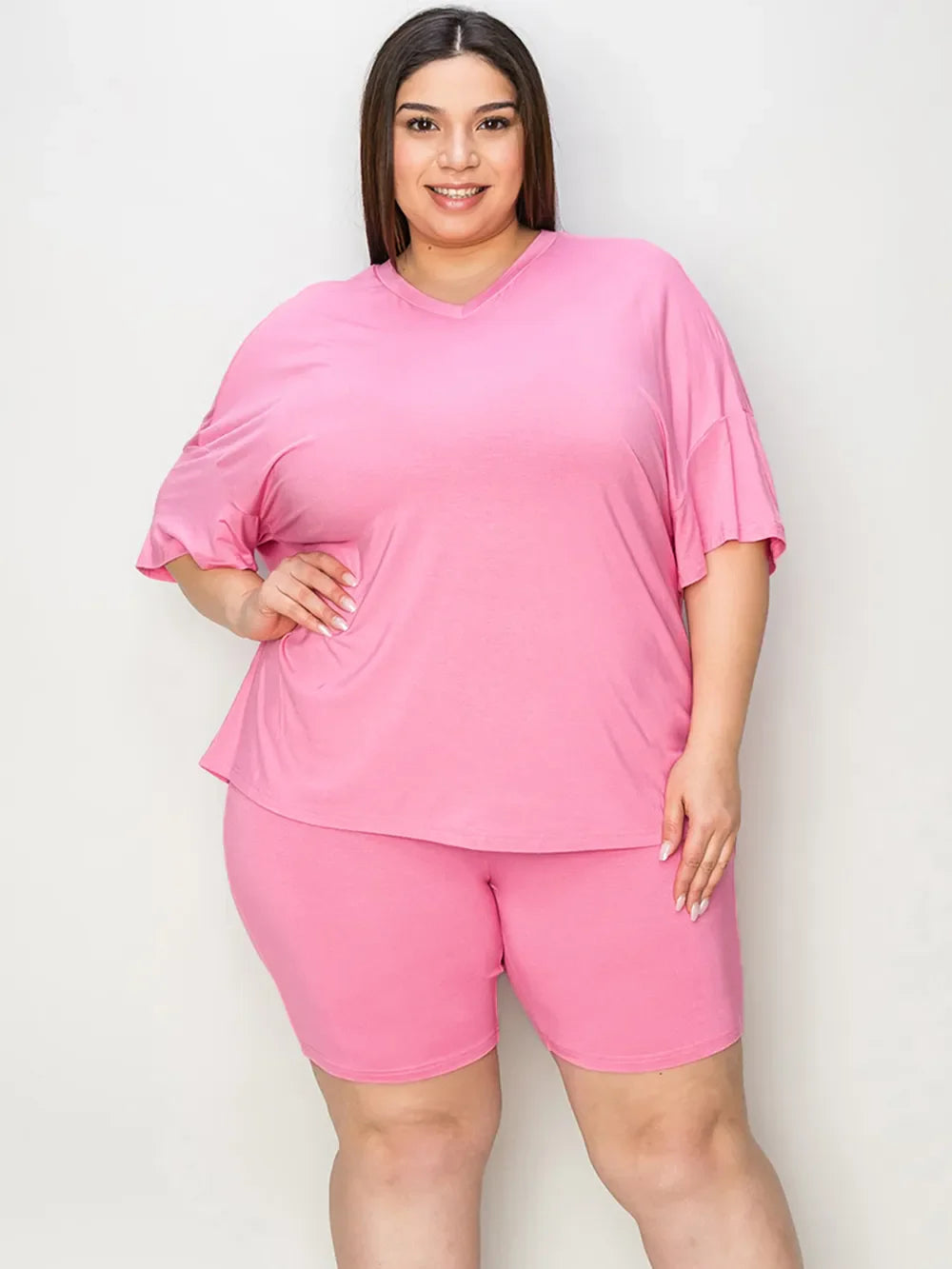 Full Size V-Neck Drop Shoulder T-Shirt and Shorts Set
