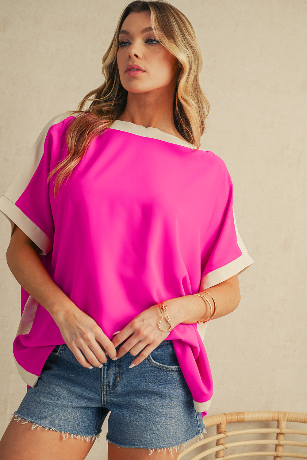 Rose Color Block Boat Neck Tunic Blouse
