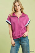 Zip Front Casual Top with Contrast Stripe Trim