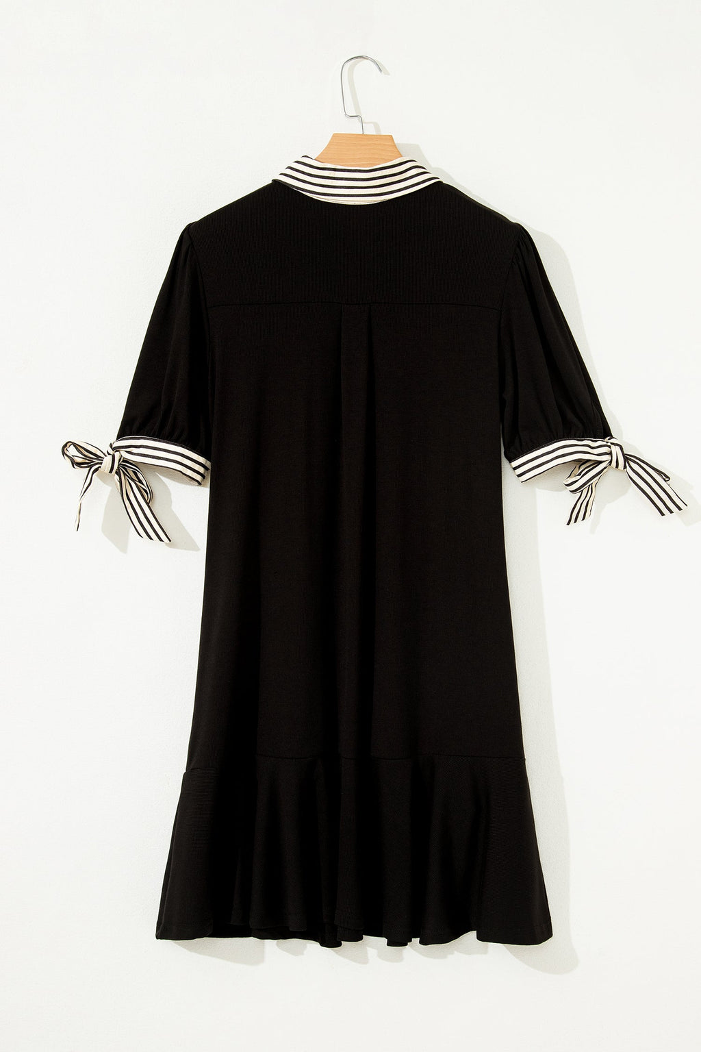 Black Stripe Detail Polo Collar Half Buttons Tied Short Sleeve Shift Mini Dress