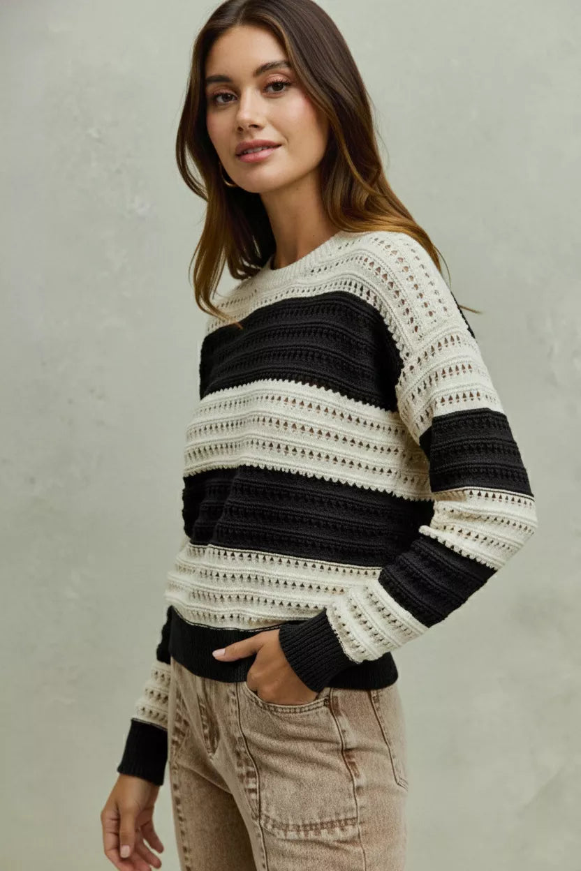Openwork Round Neck Wide Stripe Textured Sweater