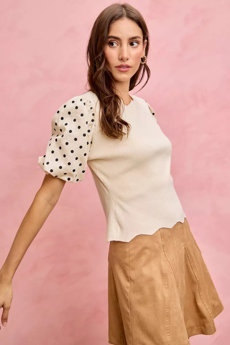 Polka Dot Contrast Woven Ballon Sleeve Blouse