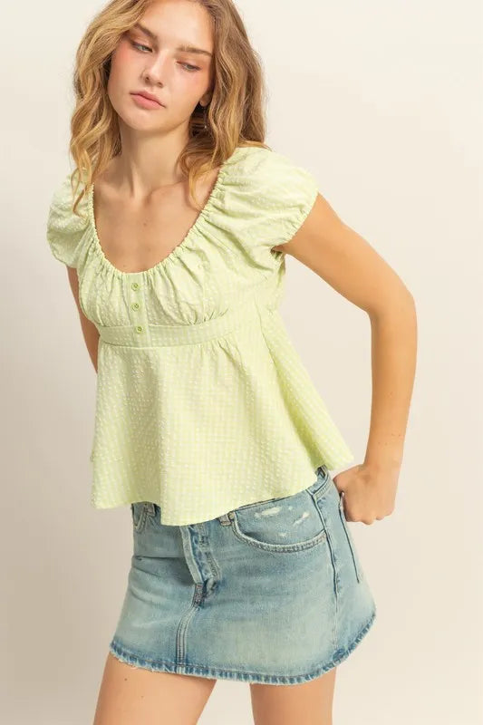 Gingham Scoop Neck Cap Sleeve Blouse