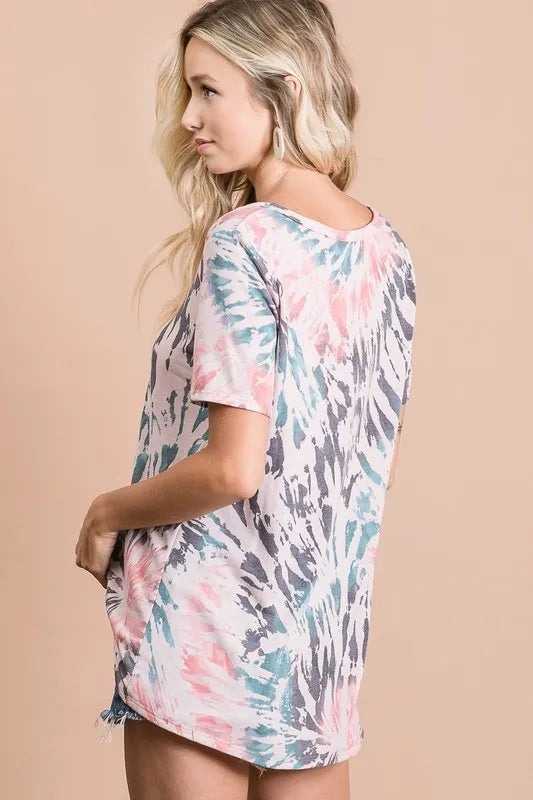 Tie Dye Print Terry Deep U Neck Top