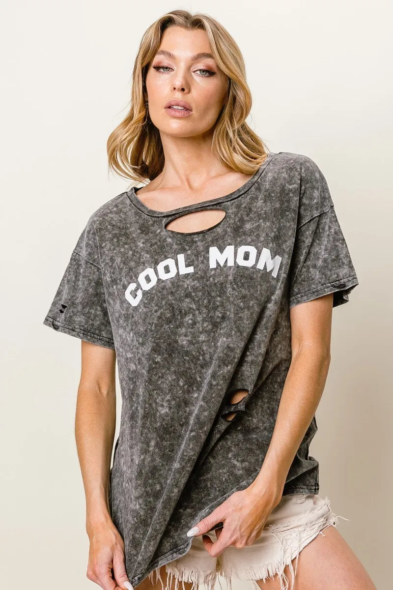 Washed Laser Cut Detail Cool Mom Print Top
