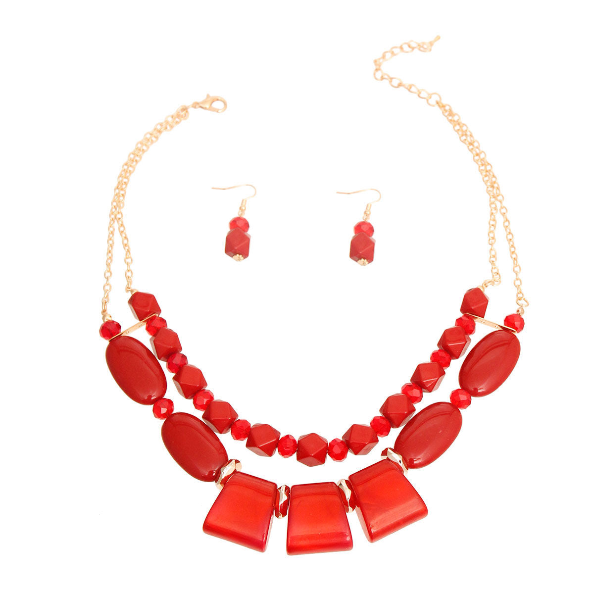 Layered Double Necklace Set Wine Red Stylish Statement Jewelry