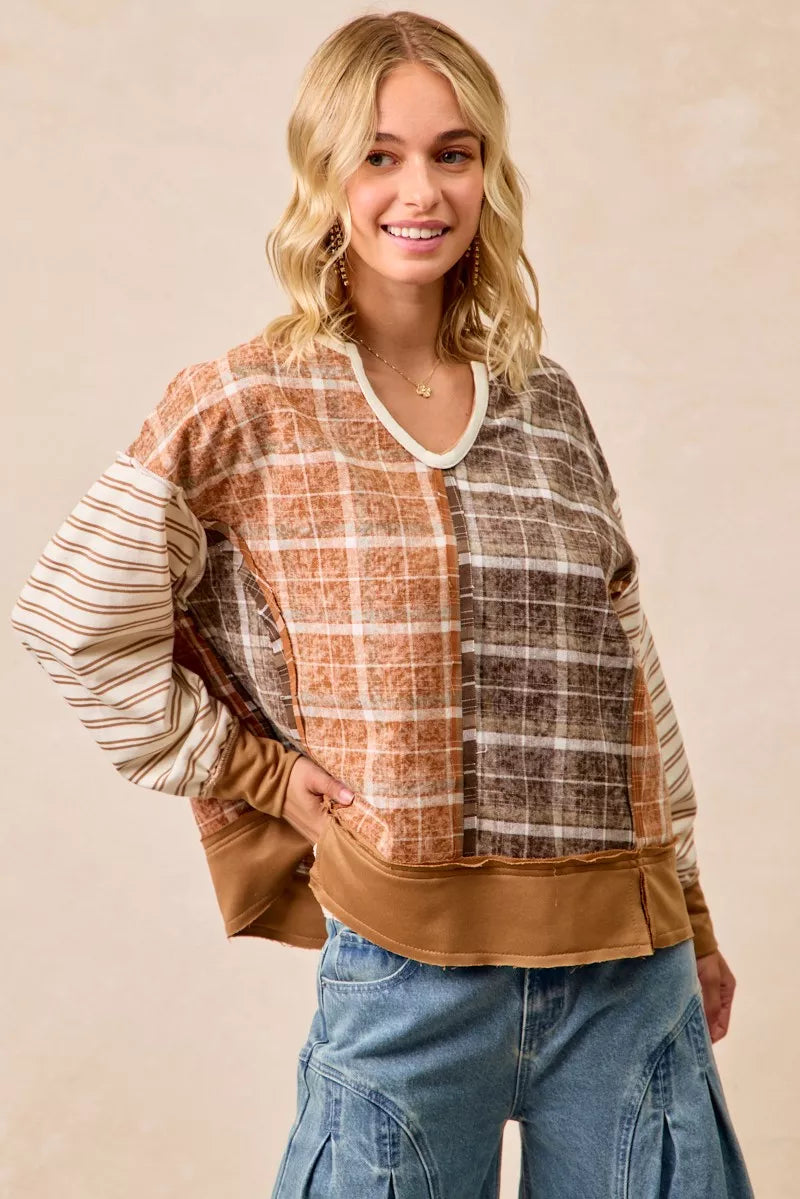 Plaid And Stripe Mix And Match Top With Open Seam