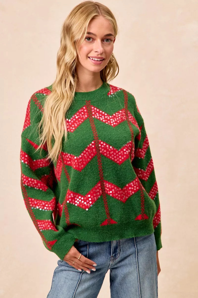 Christmas Theme Chevron Sequins Detail Sweater