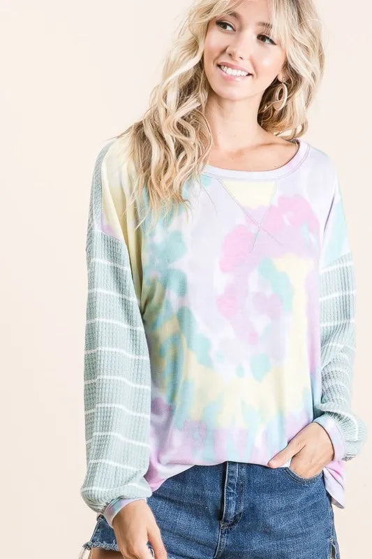 Tie Dye Terry Top with Wide Stripe Thermal Waffle