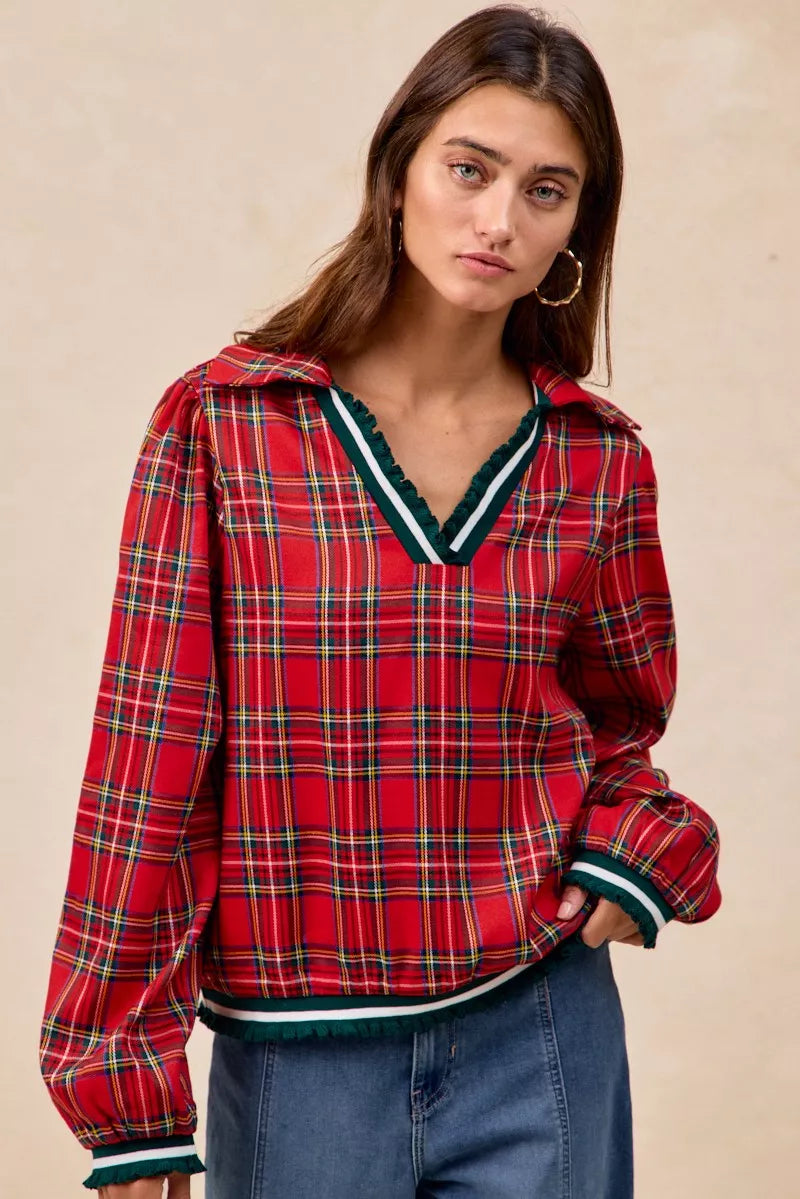 Christmas Plaid Collared Top with Ruffled Detail