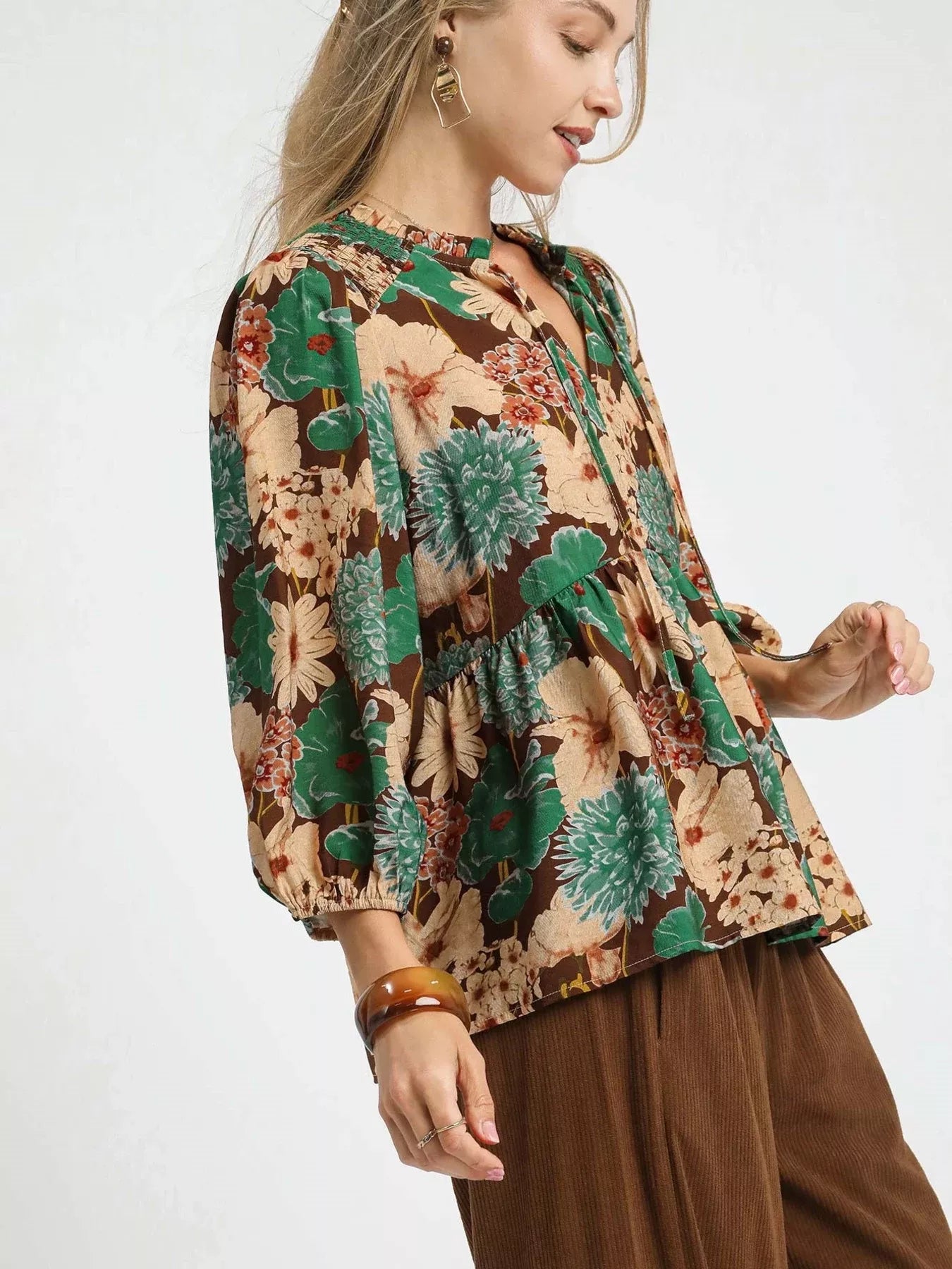 Mix Floral Peplum Blouse with Tie Neck