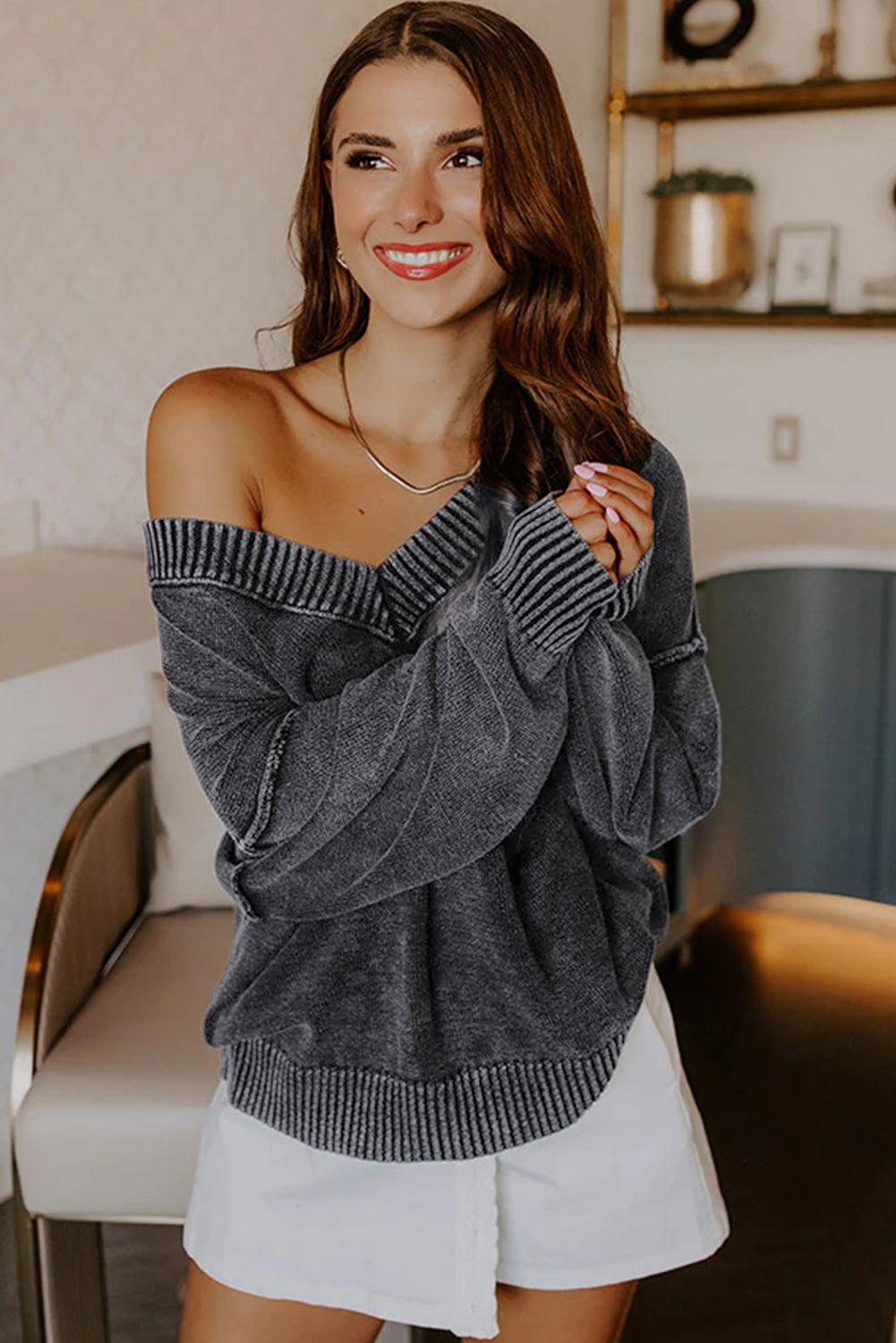Black Mineral Wash V Neck Knit Exposed Seam Drop Shoulder Loose Sweater