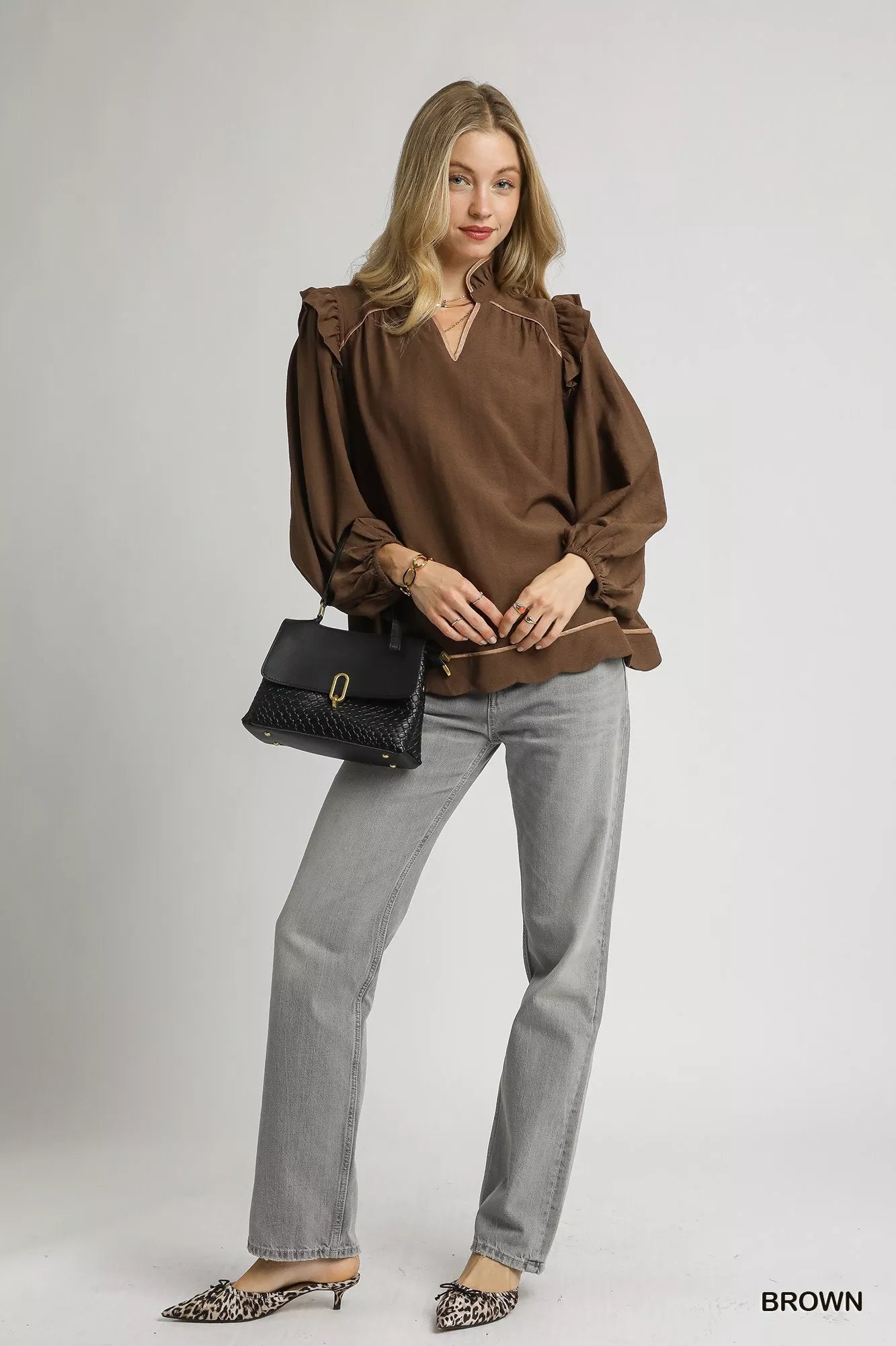 Ruffle Shoulder Long Sleeve Blouse
