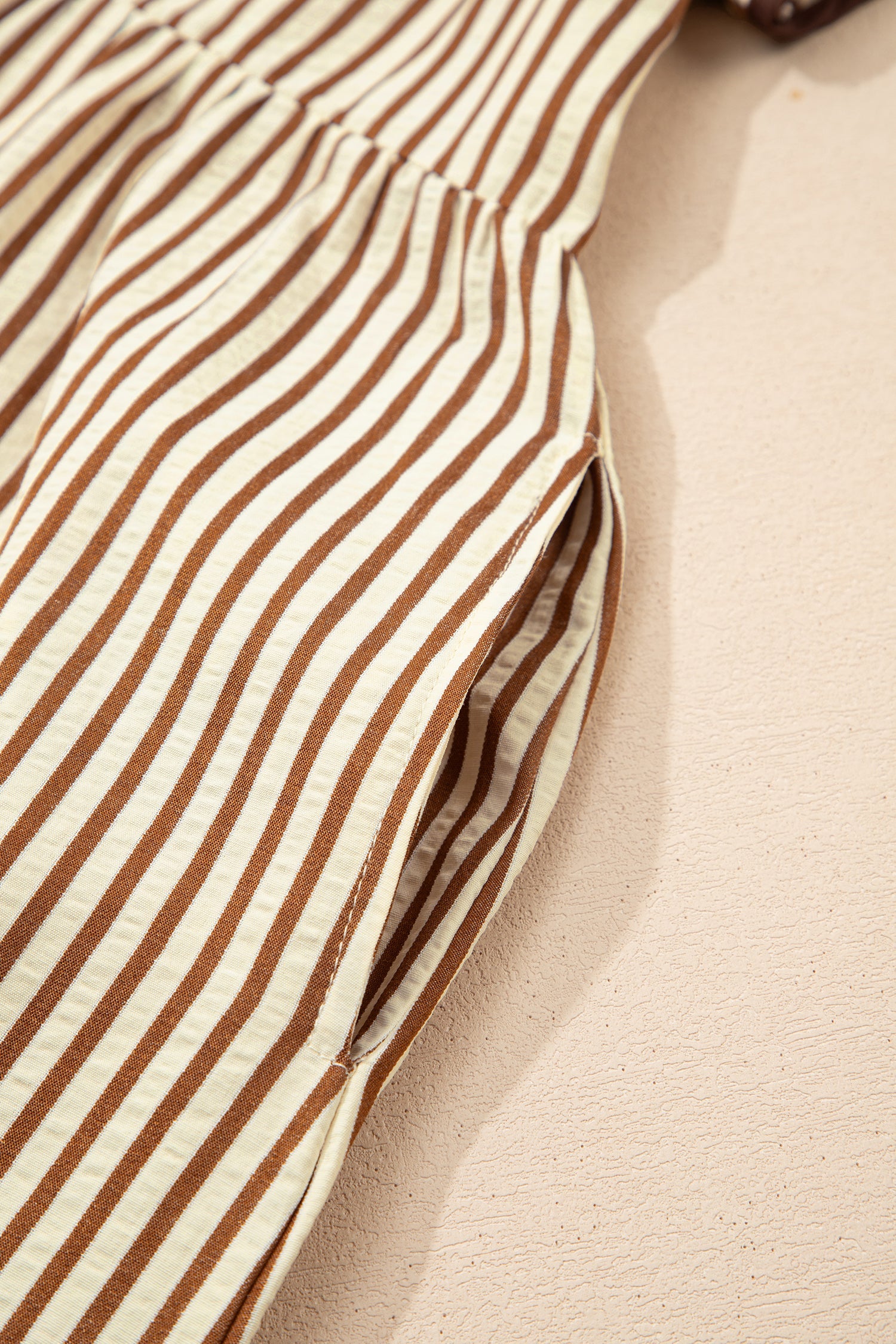 Brown Stripe Double Ruffled Short Sleeve Contrast Trim V Neck Midi Dress