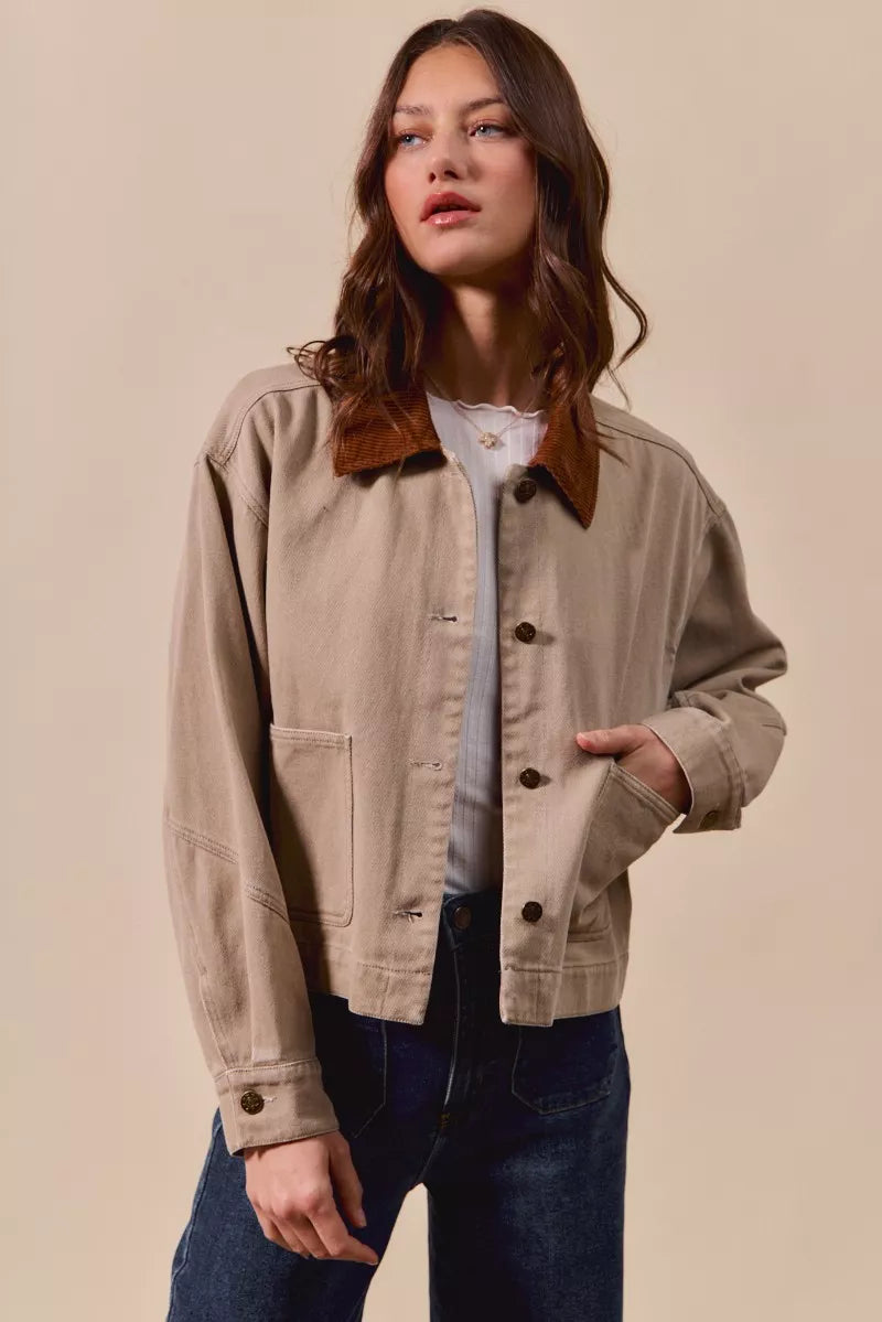 Cotton Twill Cropped Barn Jacket wtih Collar