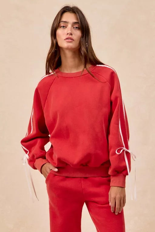 Side Lined Bow Details Fleece Sweatshirt