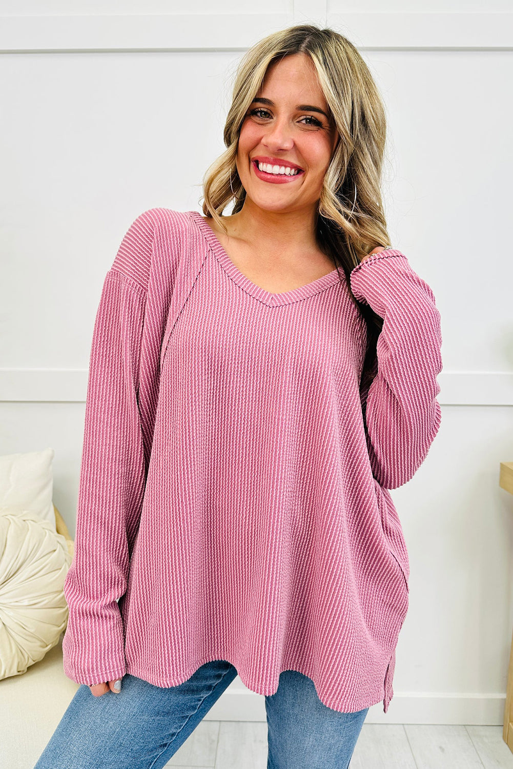 Pink Twisted Rib Texture Exposed Seam Patchwork Loose Long Sleeve Top