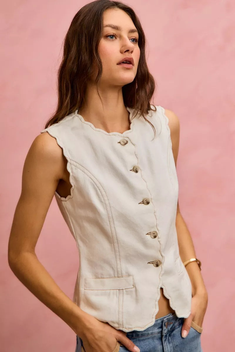 Scalloped Edge Cotton Twill Washed Vest Top