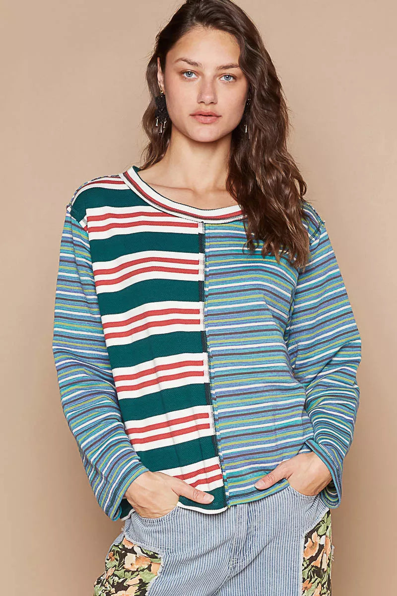 Color Block Striped Round Neck Long Sleeve T-Shirt