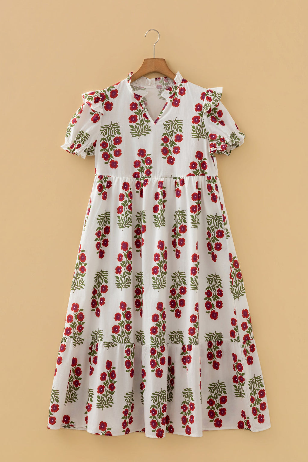 Beige Floral Short Bubble Sleeve Tiered Maxi Dress