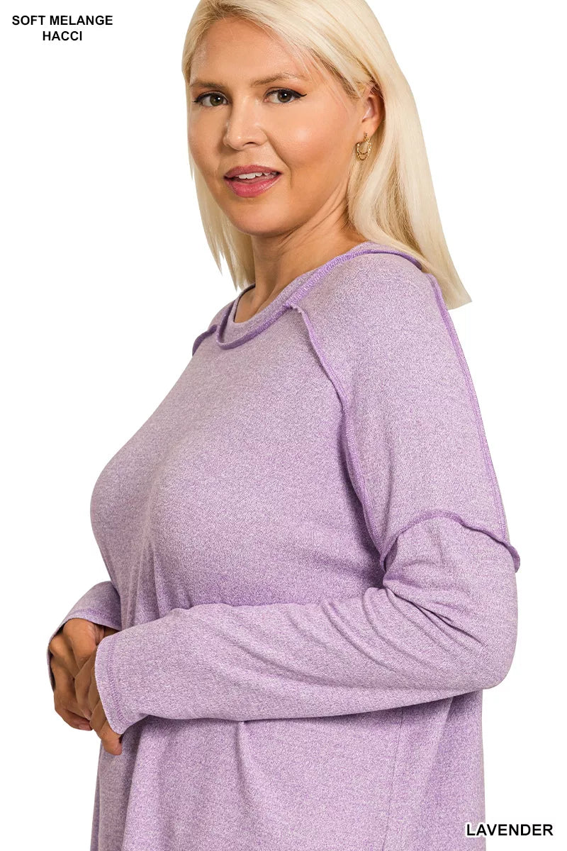 Full Size Melange Hacci Exposed Seam Hi-low Tee Plus Size