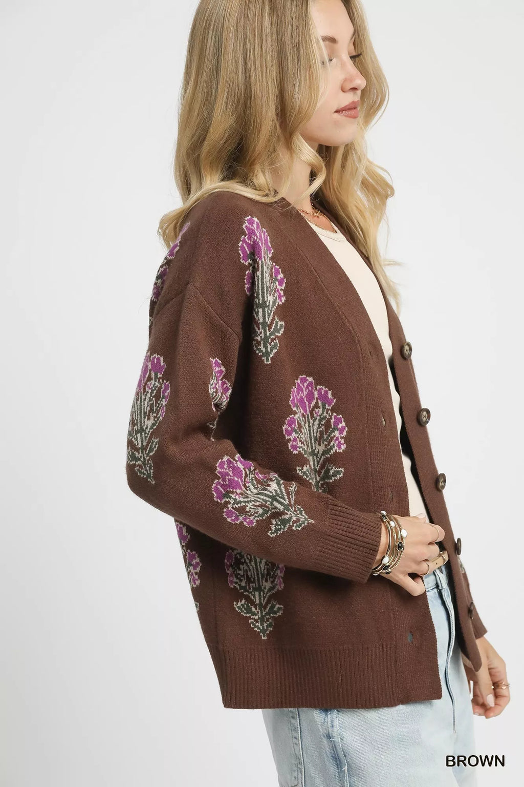 Single Flower Stem Jacquard Cardigan Sweater