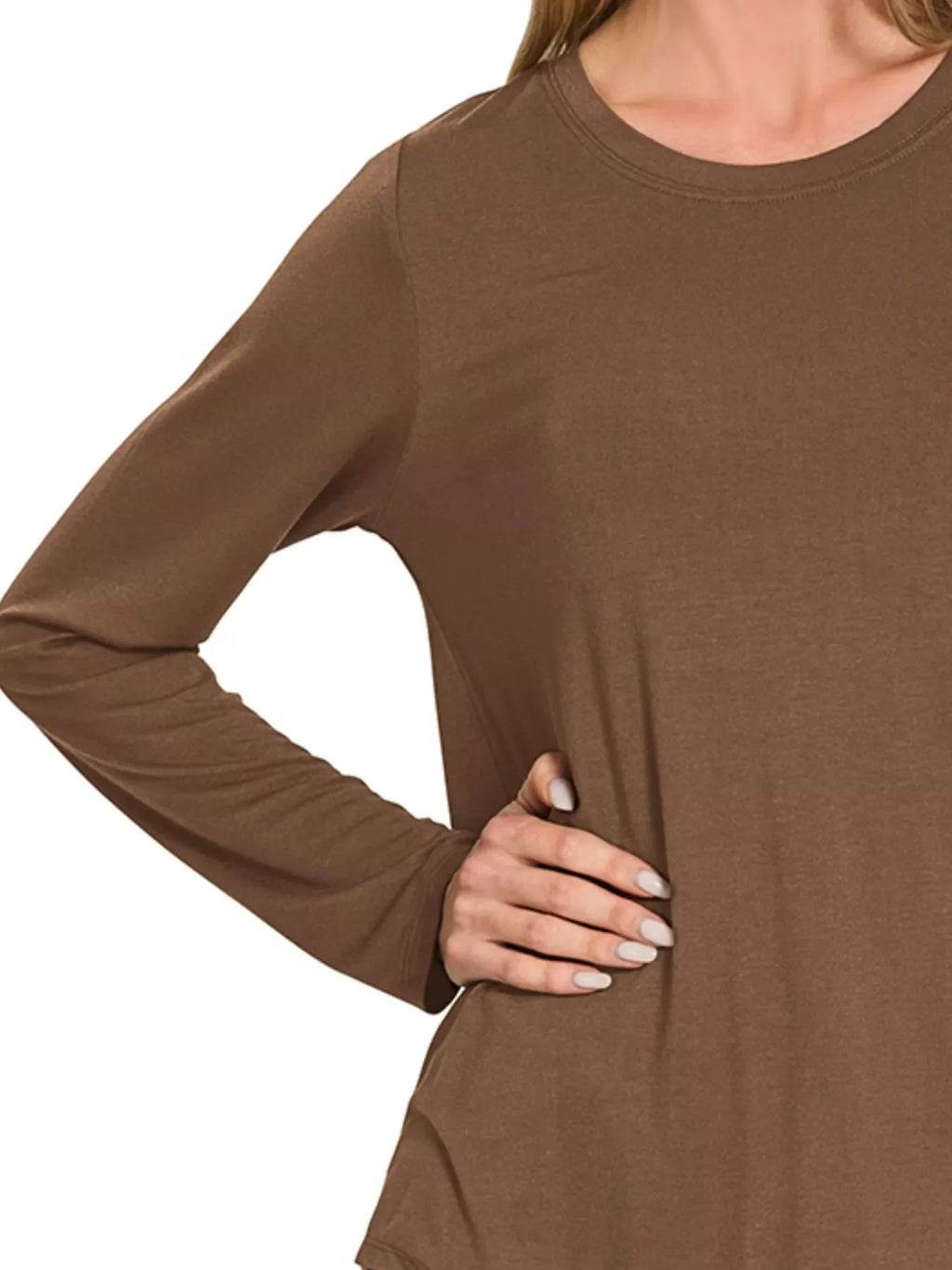 Flowy Round Hem Rayon Long Sleeve Top