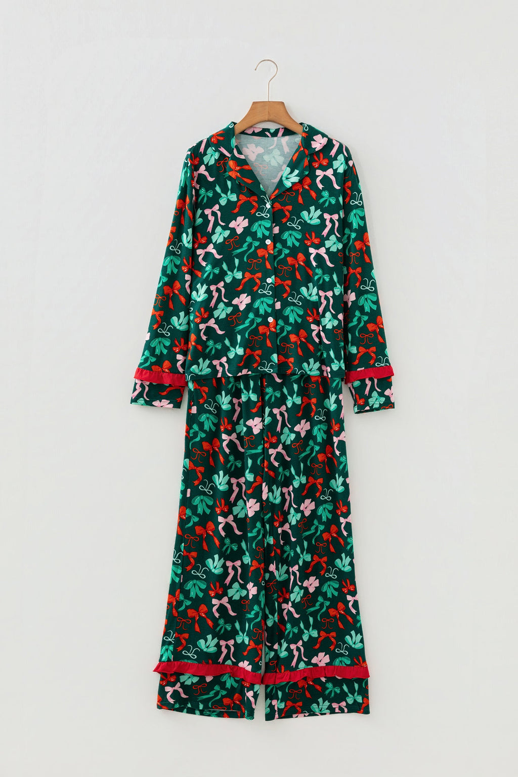 Green Festive Bow Print 2pcs Pajama Pant Set