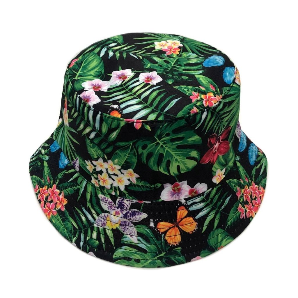 Reversible Bucket Hat Green Black Tropical Trendy Casual Accessory