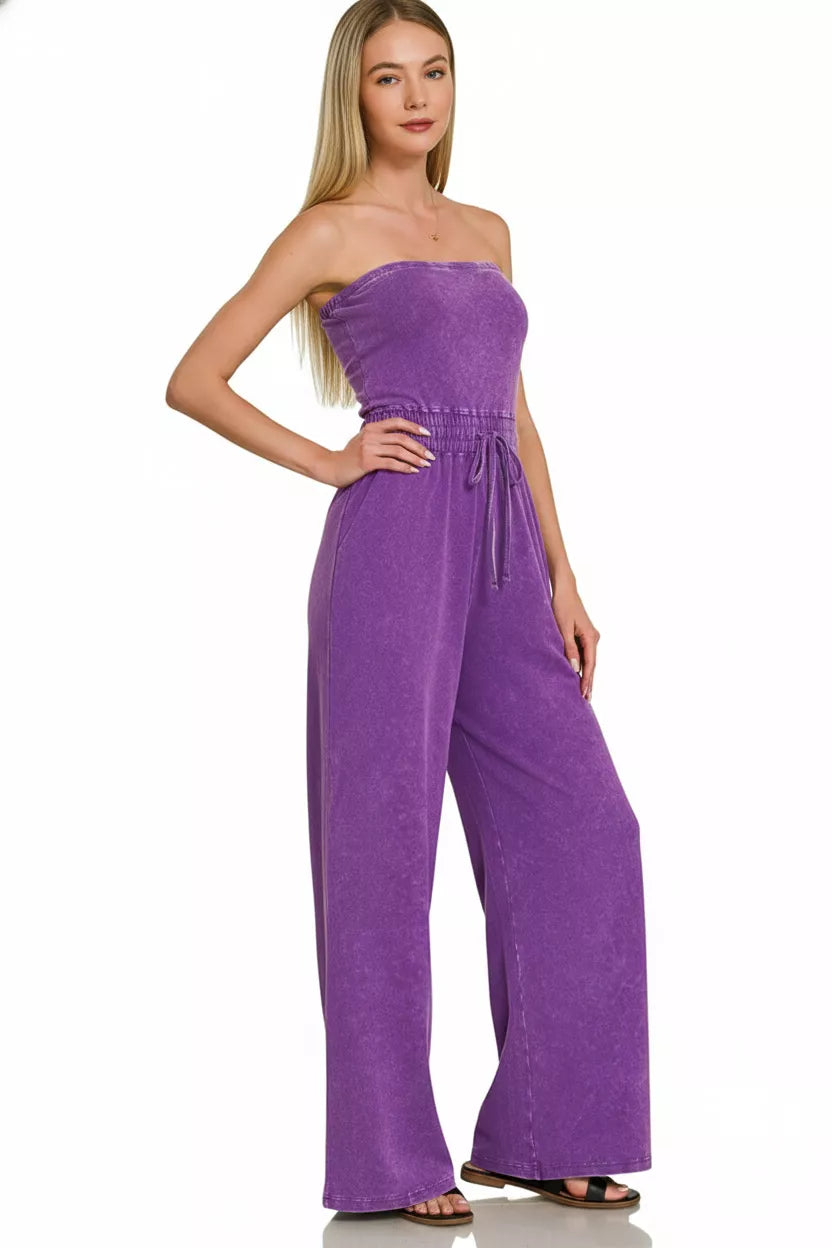 Acid Washed Strapless Tube Top Jumpsuit