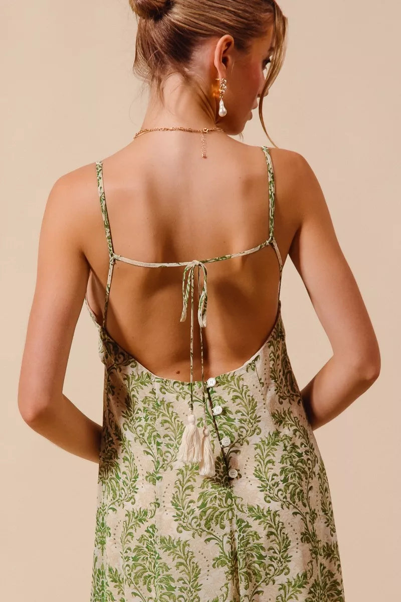Damask Floral Summer Maxi Flowy Dress With Open Back