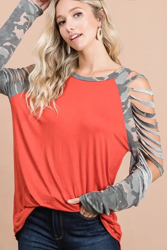 Jersey Knit Top with Camouflage Laser Cut Sleeves
