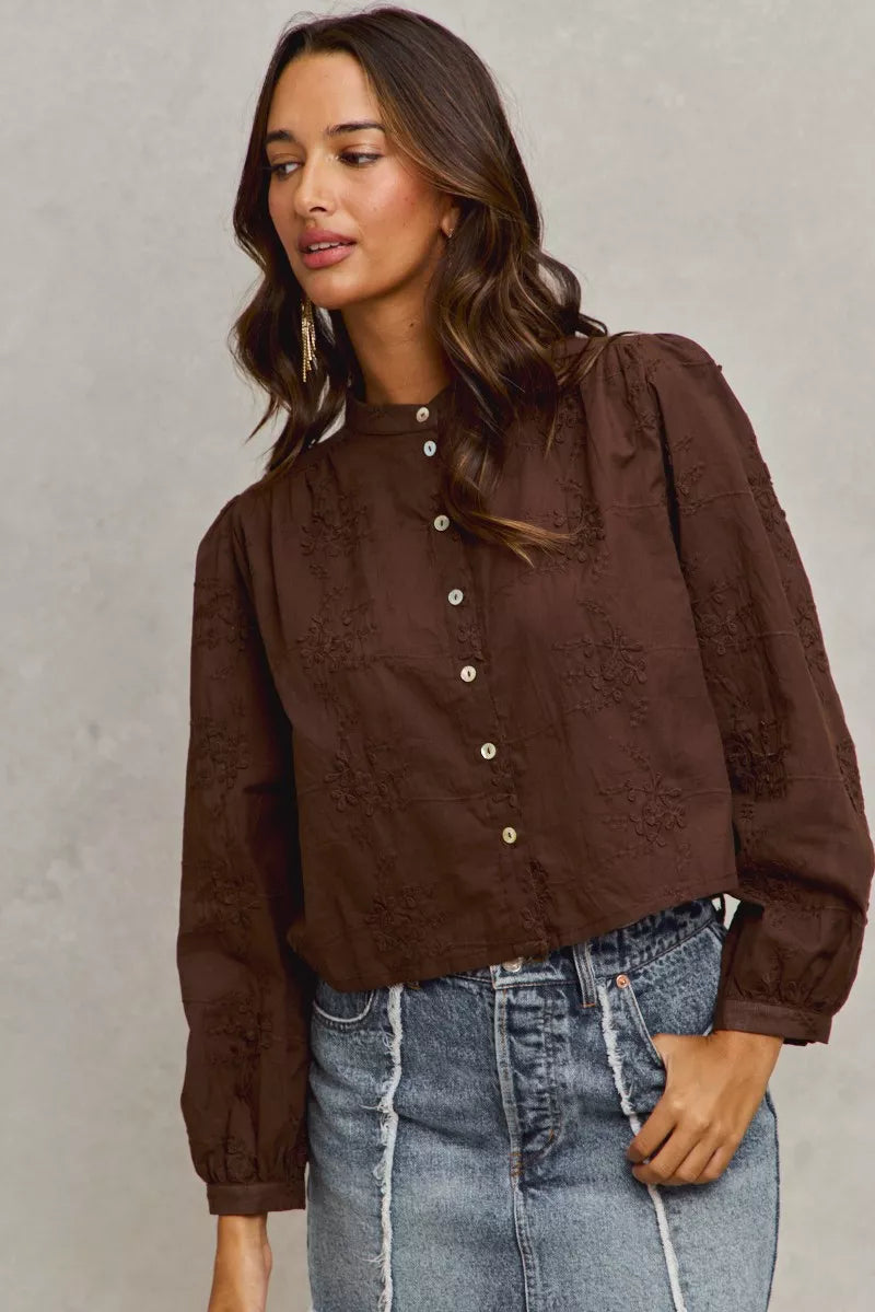 3d Floral Woven Long Sleeve Front Button Shirt