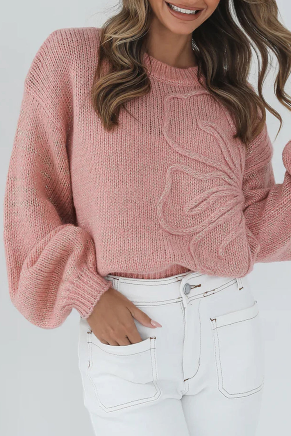 Peach Blossom Big Flower Accent Bubble Sleeve Drop Shoulder Sweater
