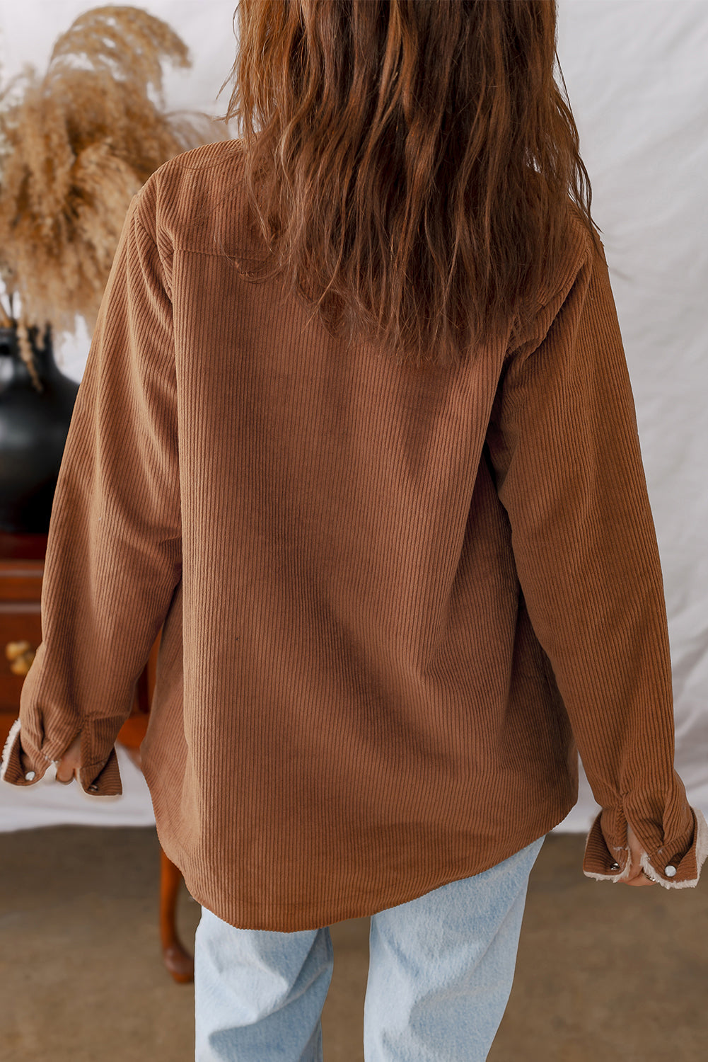 Cinnamon Fleece Lined Buttoned Flap Pockets Corduroy Jacket