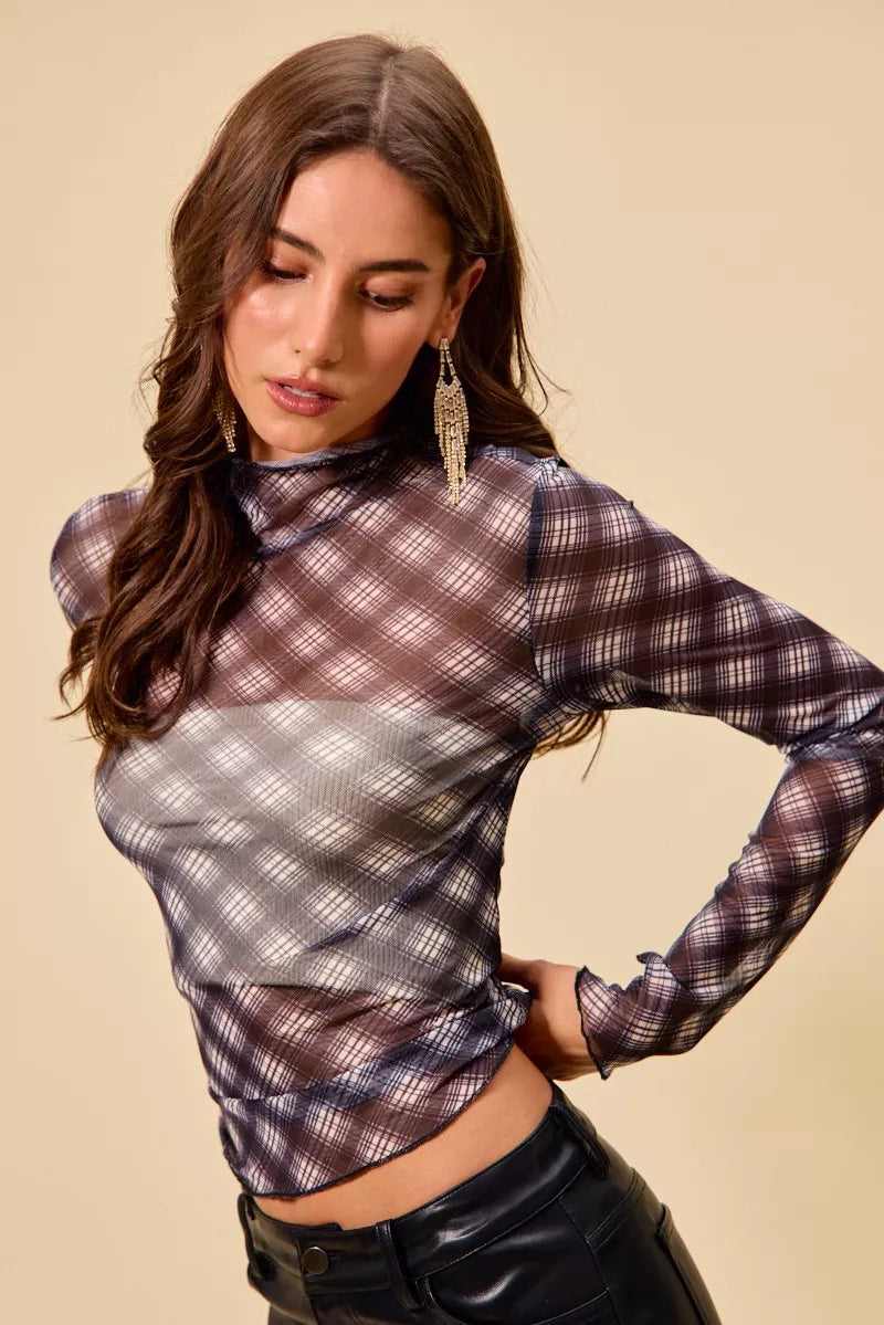 I am a Fashion Junky Plaid Mesh Knit Long Sleeve Top with Thumb Opening