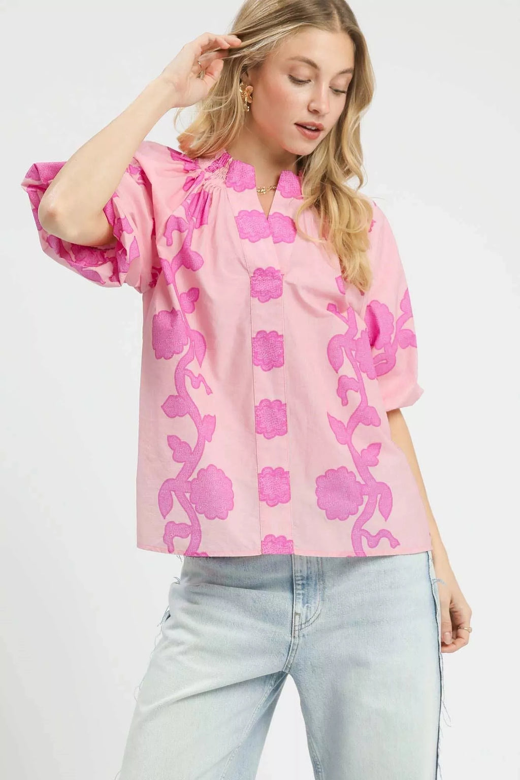 Floral Smocked Notched Puff Sleeve Blouse