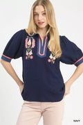 Embroidered Puff Sleeve Contrast Trim Top