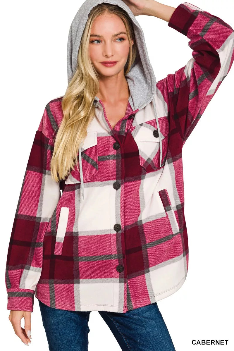 Plaid Drawstring Hooded Fleece Shacket