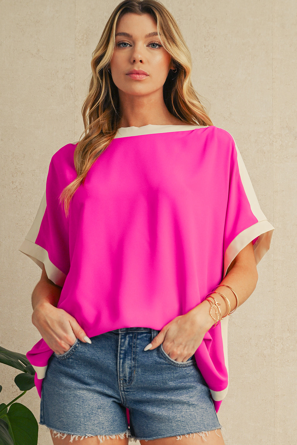 Rose Color Block Boat Neck Tunic Blouse