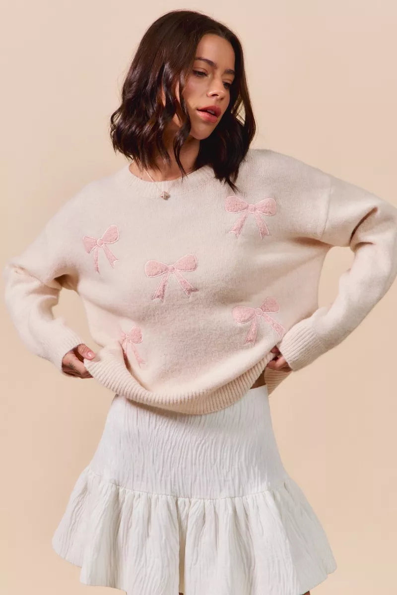 Embroidered Ribbon Round Neck Sweater