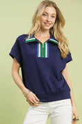 Striped Collared Neck Half-Zip Top