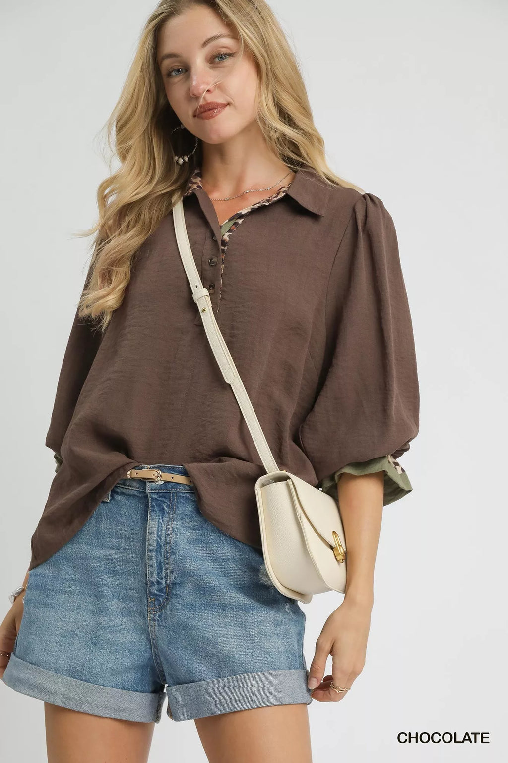 Half Button Blouse with Leopard Print Trim