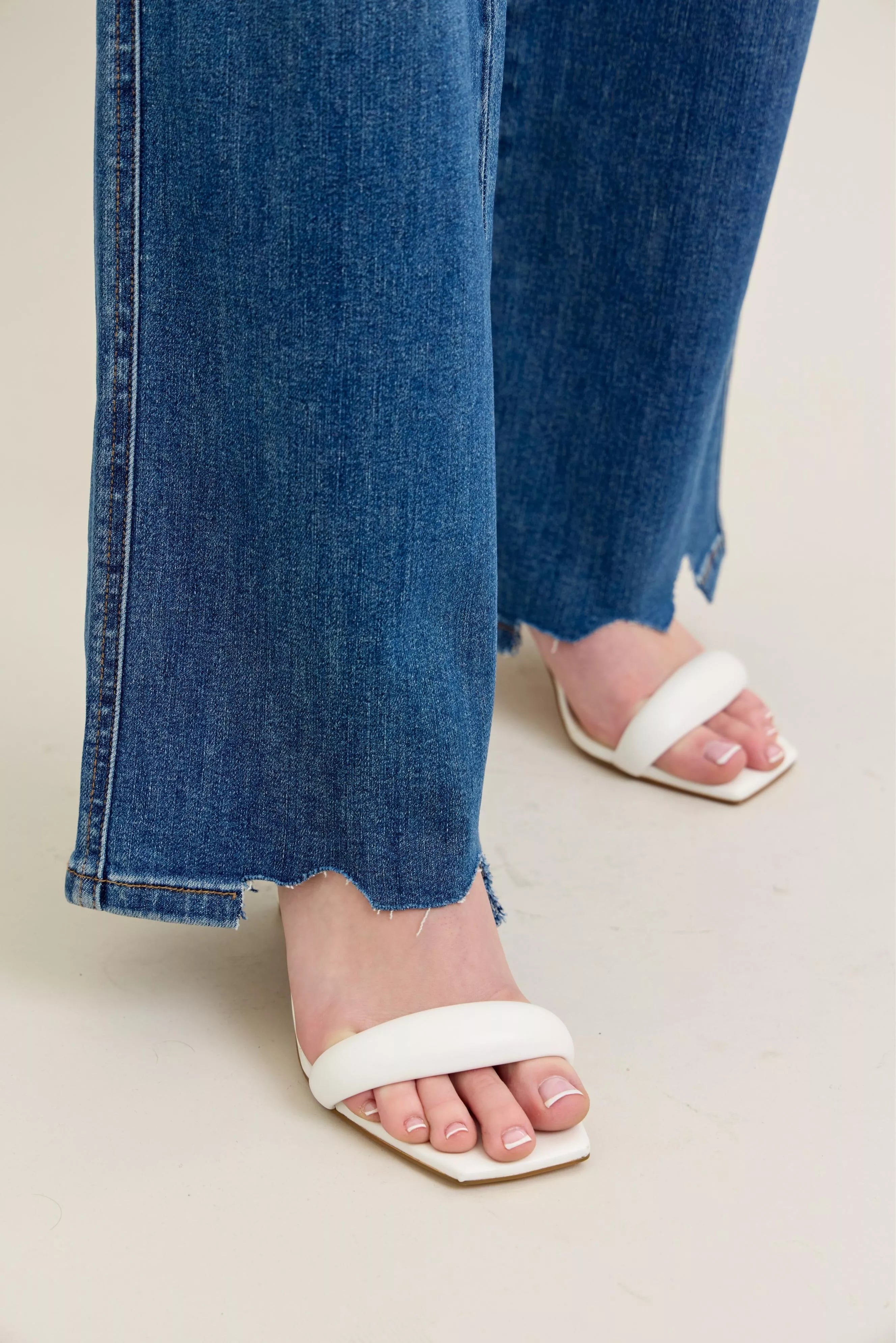 Full Size High Waist Tummy Control Chew Hem Destroy Wide Jeans Plus Size