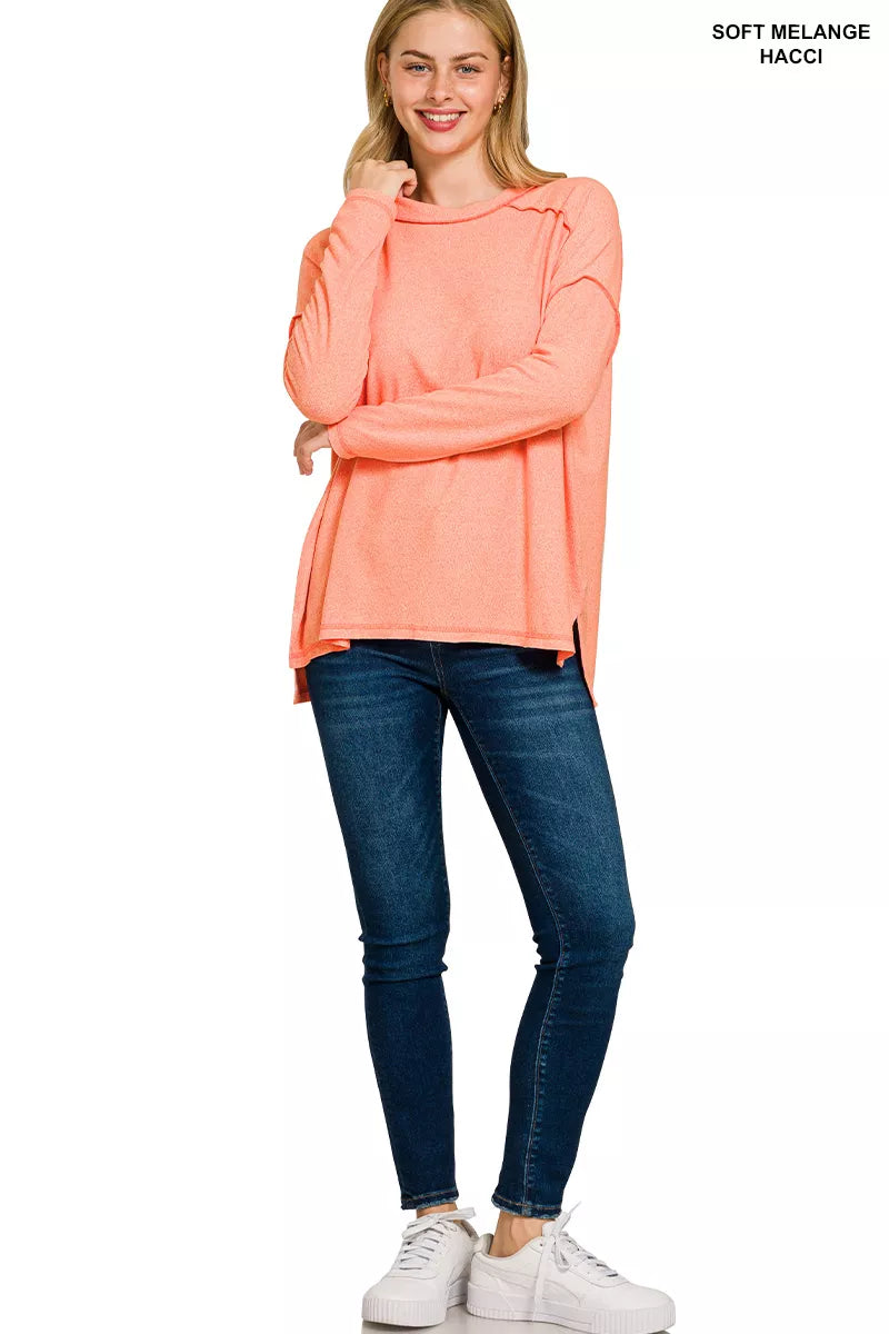 Full Size Melange Hacci Exposed Seam Hi-low Tee Plus Size
