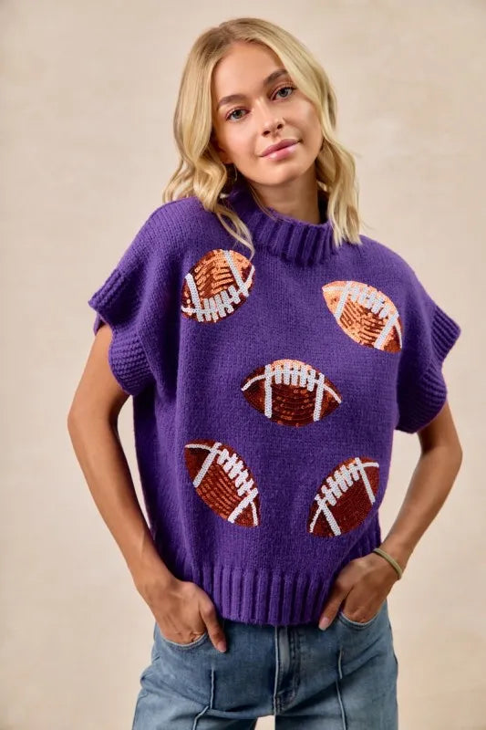Gameday Sequin Football Patches Rib Banded Sweater