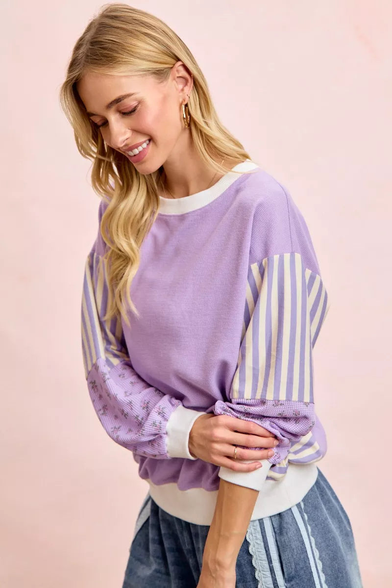Mix and Match Sweatshirt with Floral Sleeve Striped