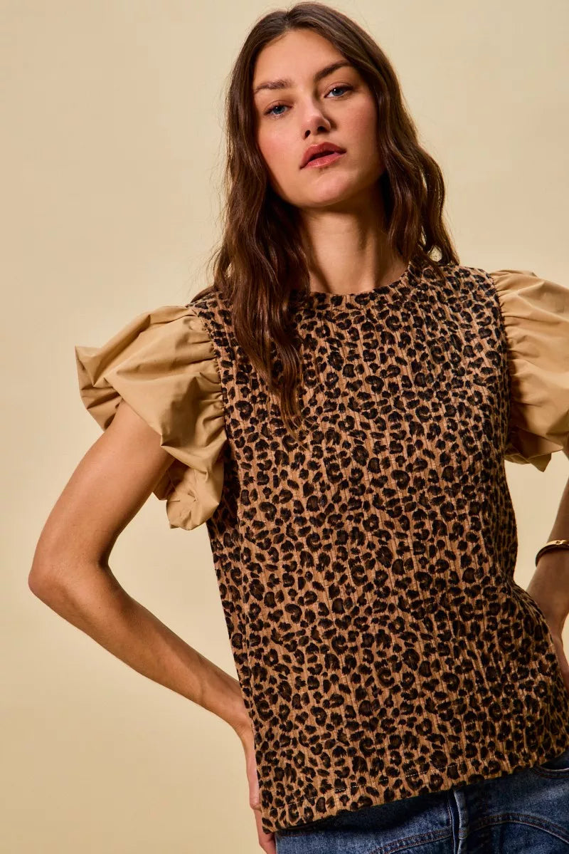 Leopard Pointelle Knit Top with Puff Sleeves