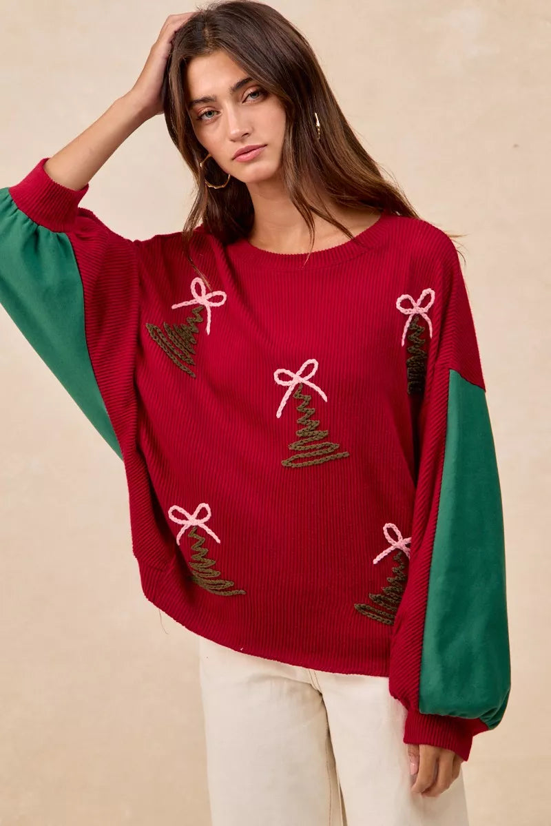 Christmas Theme Tree Embroidered Sweater