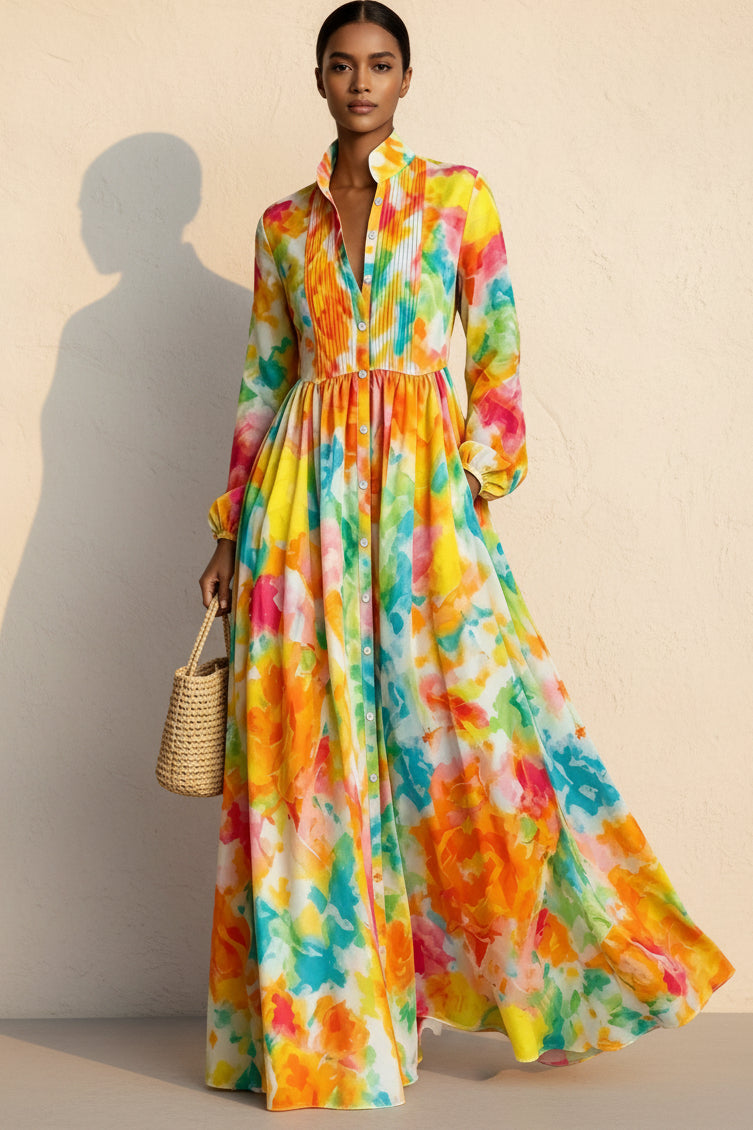 Floral Print Maxi Shirt Dress | Pleated Bib Button-Down Long Dress